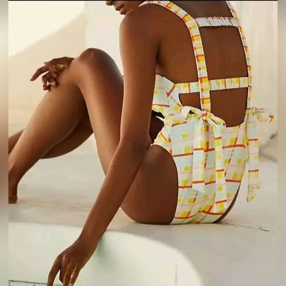 By Anthropologie Sanja Scrunchie Strap Plaid One Piece Swimsuit Size 8 - Picture 8 of 11